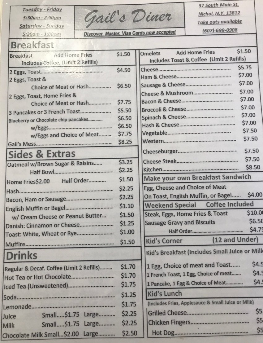 Jen's Diner menu page 1